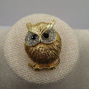 Vintage Owl Rhinestone Accent Gold Tone Brooch